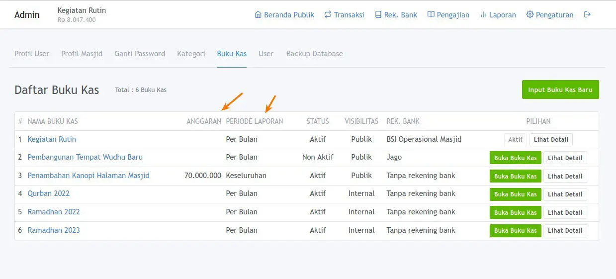 Tambahan Kolom Informasi List Buku Kas